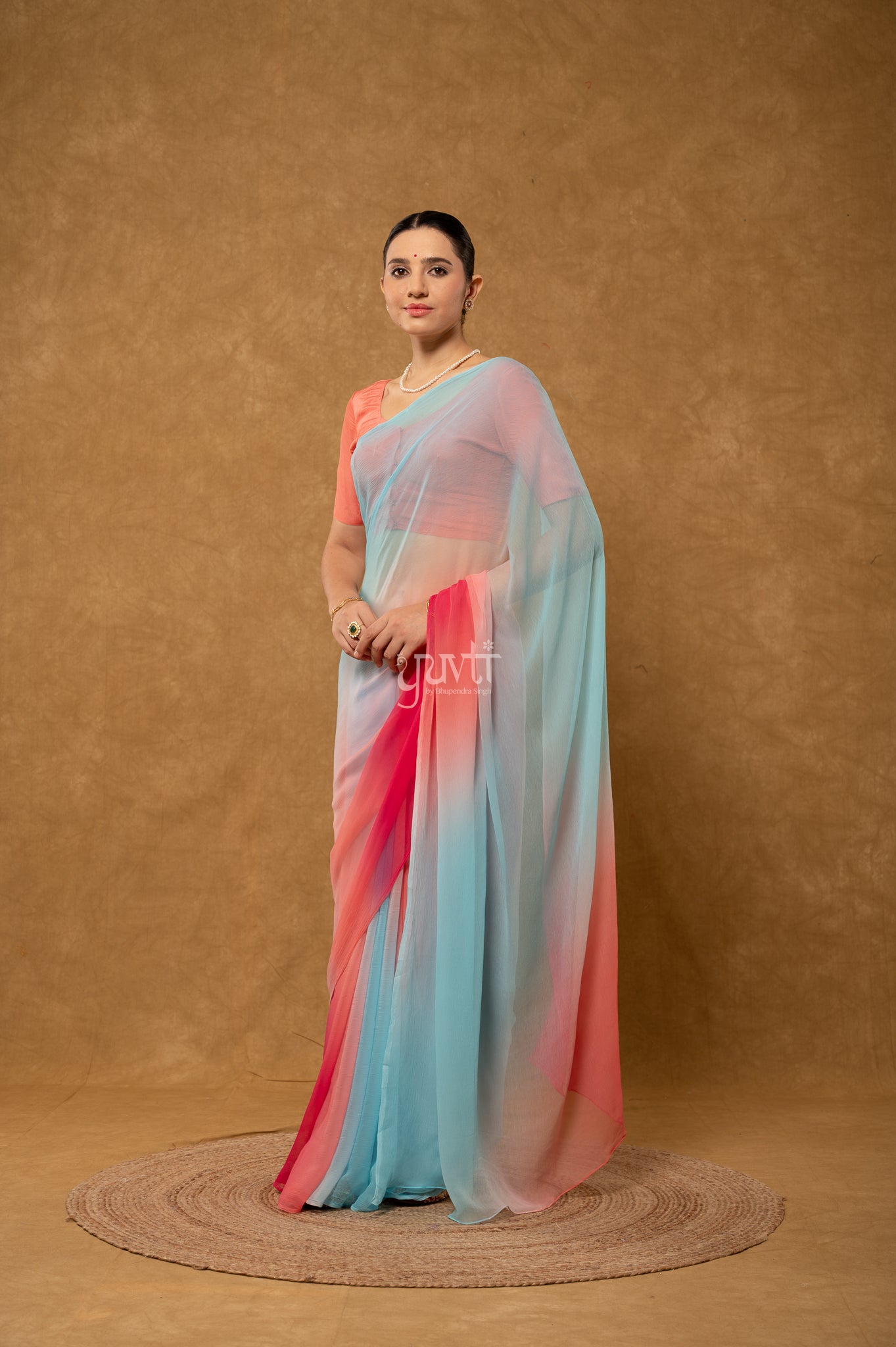 Rama Sky Gajri Shaded Pure Georgette Hand-Dye Saree with Blouse