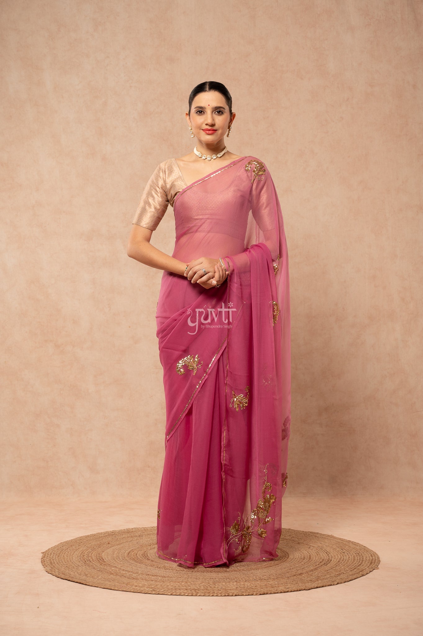 Rose Pink Viscose Chiffon Sequins Kardana Motifs ( Butti ) Handwork Saree