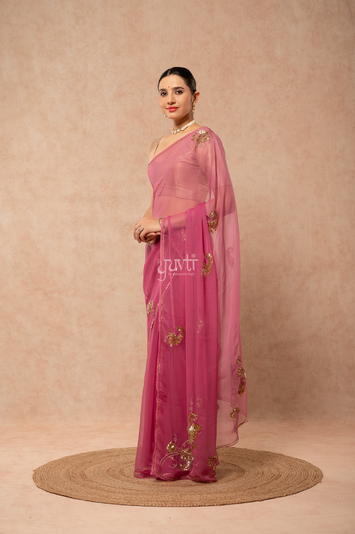 Rose Pink Viscose Chiffon Sequins Kardana Motifs ( Butti ) Handwork Saree