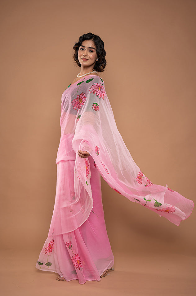 pink viscose chiffon hand painted handwork saree
