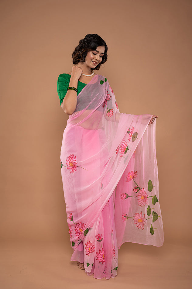 pink viscose chiffon hand painted handwork saree
