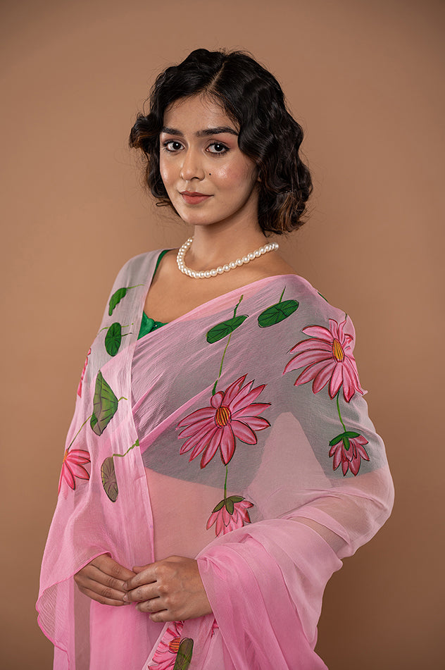 pink viscose chiffon hand painted handwork saree