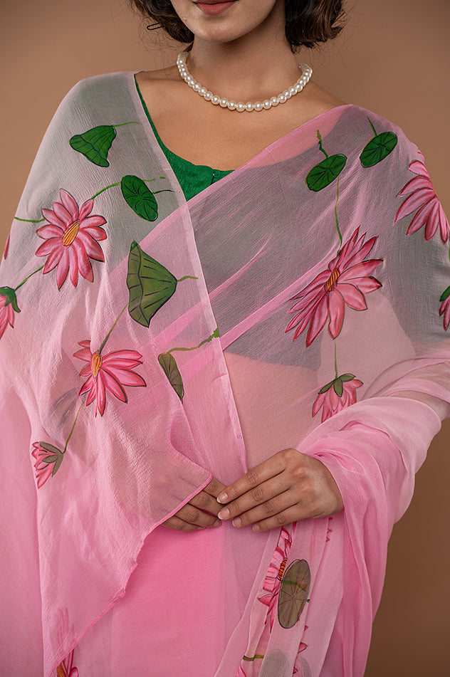 pink viscose chiffon hand painted handwork saree
