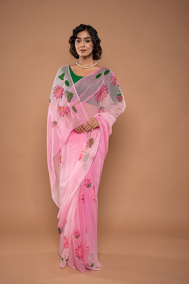 pink viscose chiffon hand painted handwork saree