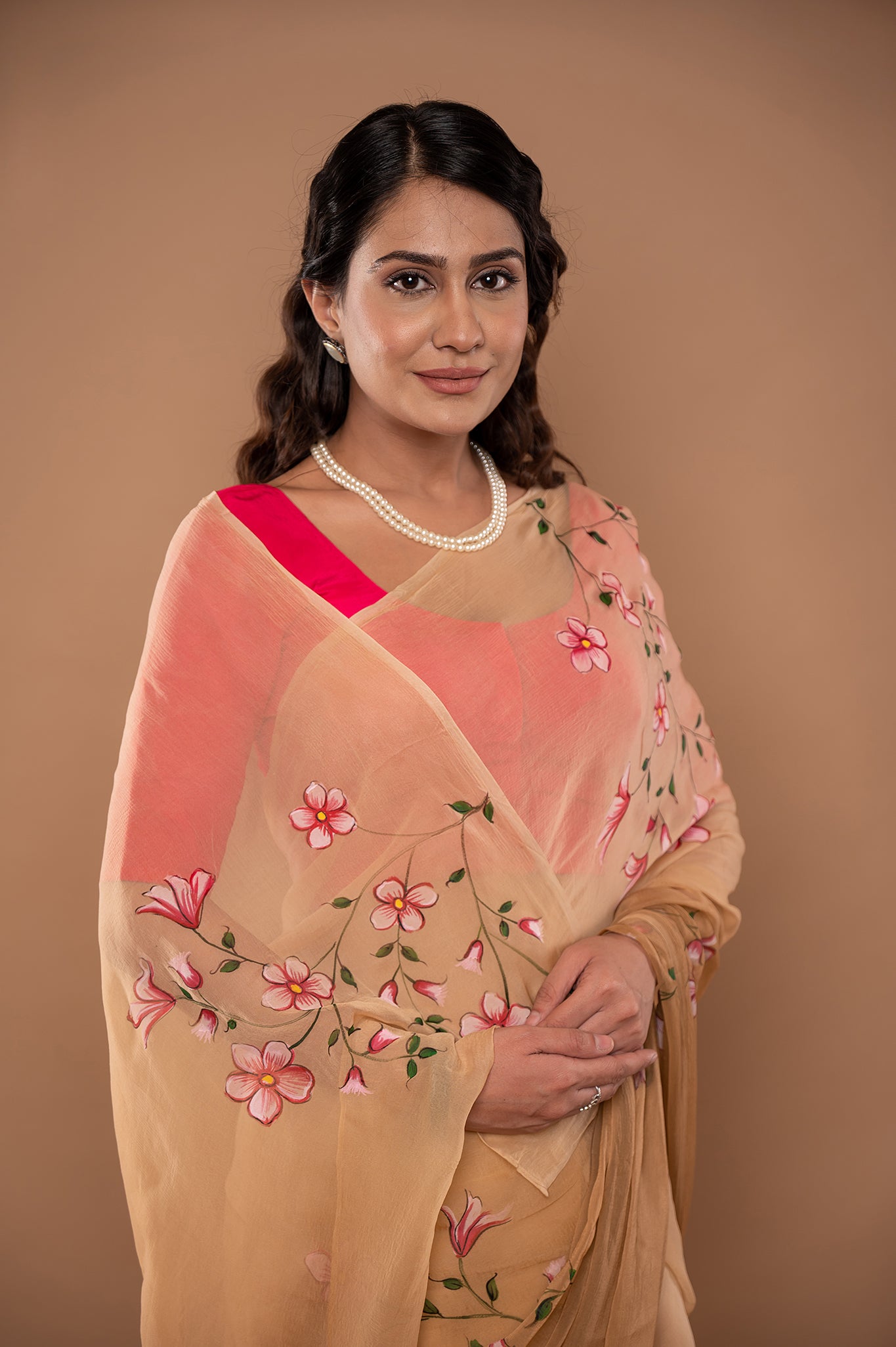 Light brown viscose chiffon hand painted handwork saree
