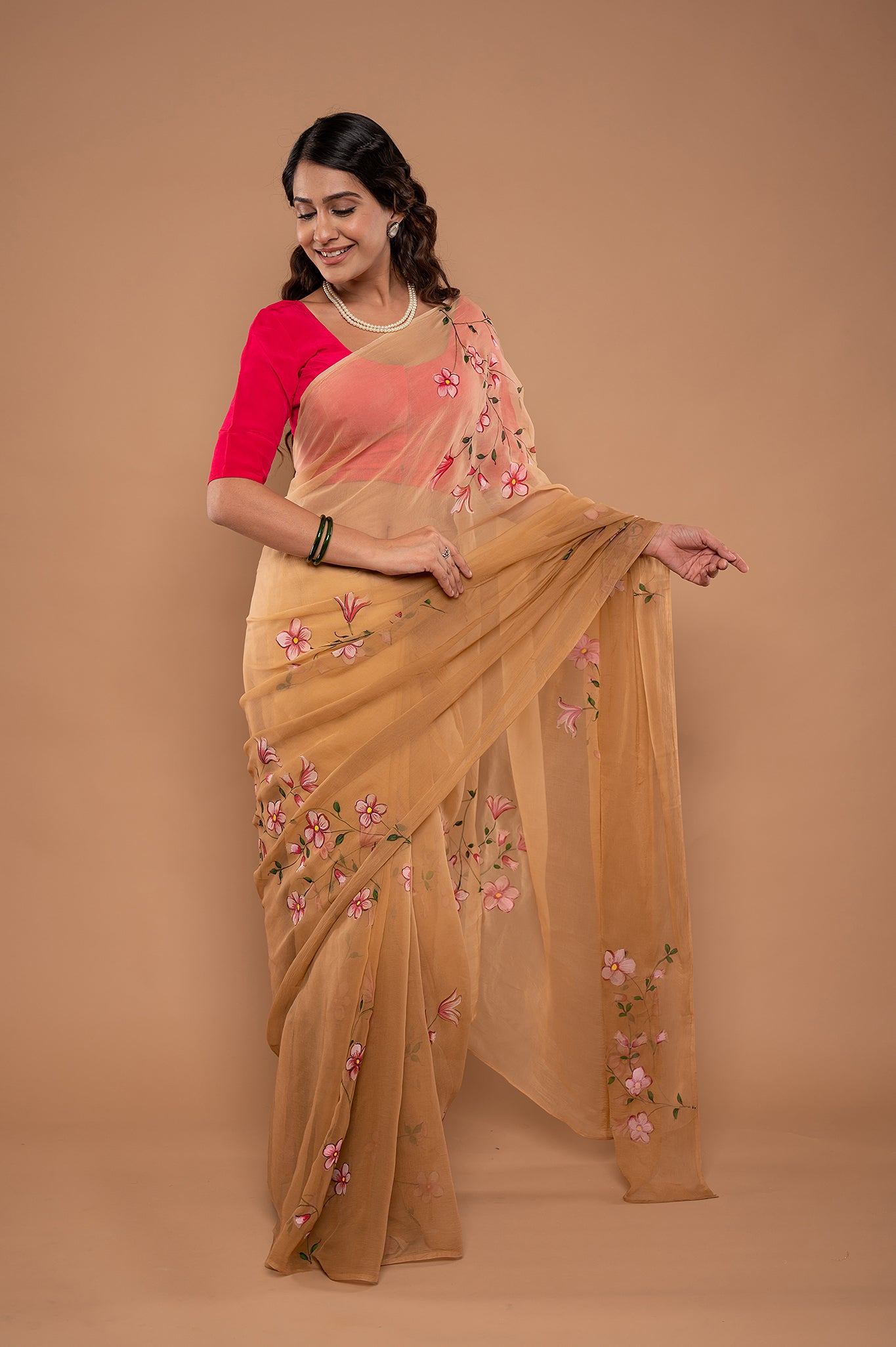 Light brown viscose chiffon hand painted handwork saree