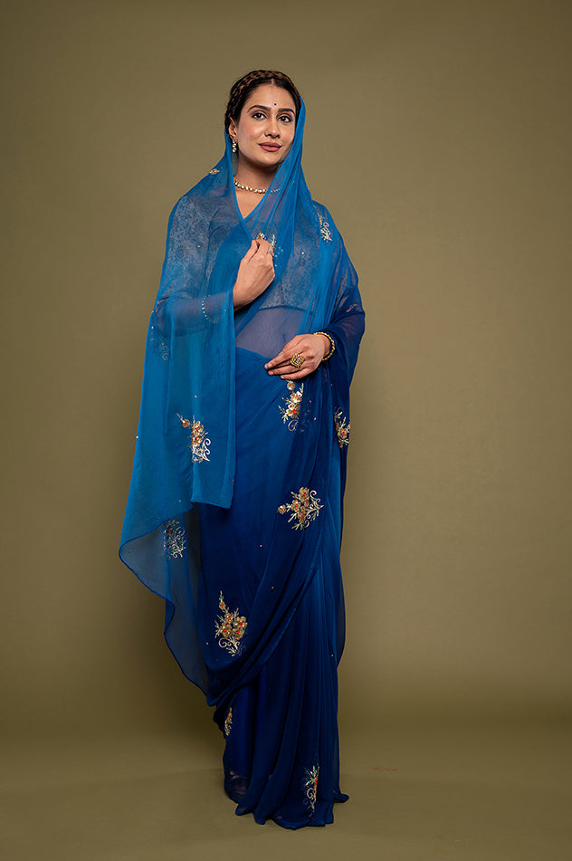 Blue light dark viscose chiffon aari sequins motif handwork saree