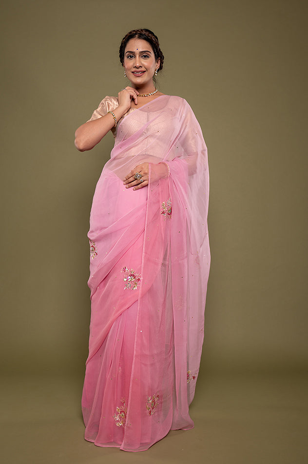 Pink light dark viscose chiffon aari sequins motif handwork saree