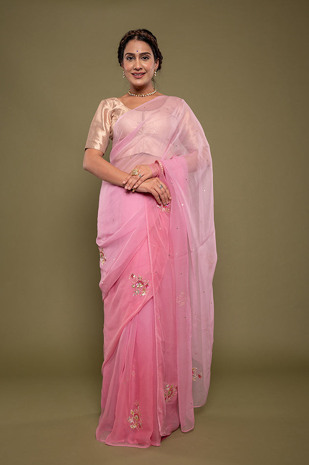 Pink light dark viscose chiffon aari sequins motif handwork saree