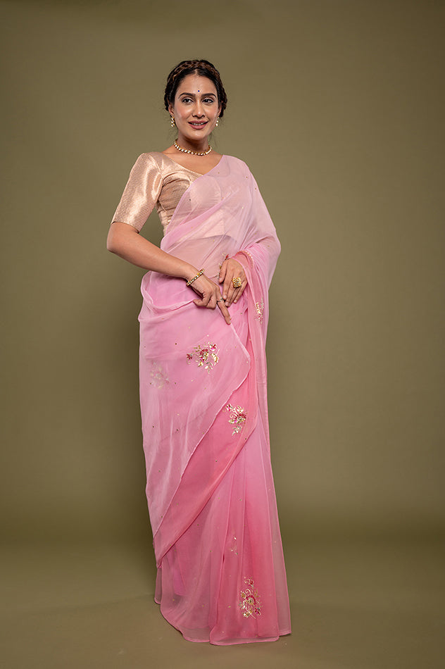 Pink light dark viscose chiffon aari sequins motif handwork saree