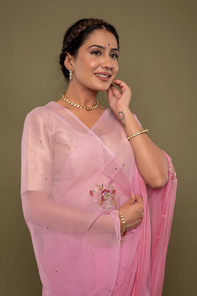 Pink light dark viscose chiffon aari sequins motif handwork saree