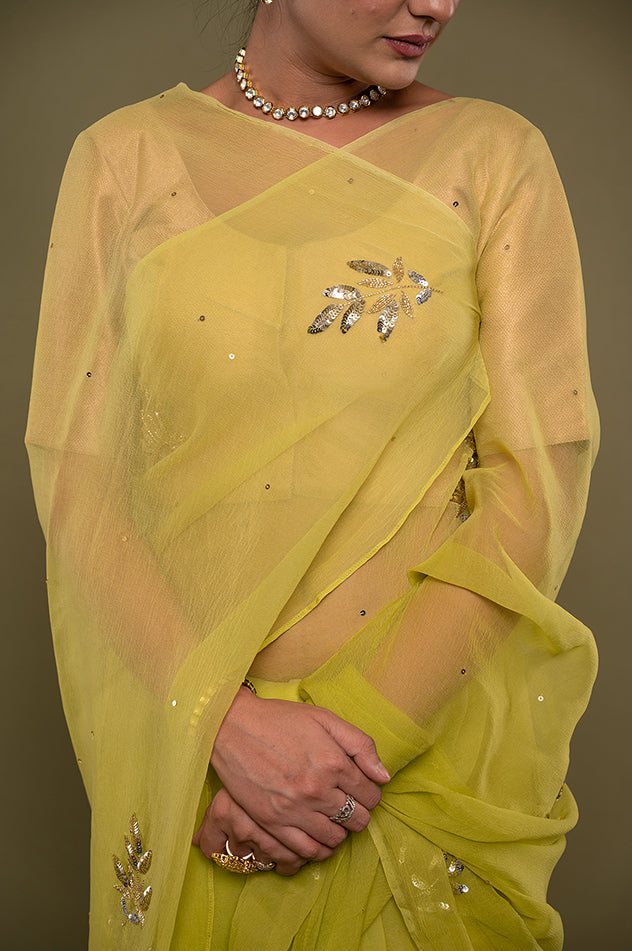 neon green viscose chiffon aari sequins motif handwork saree