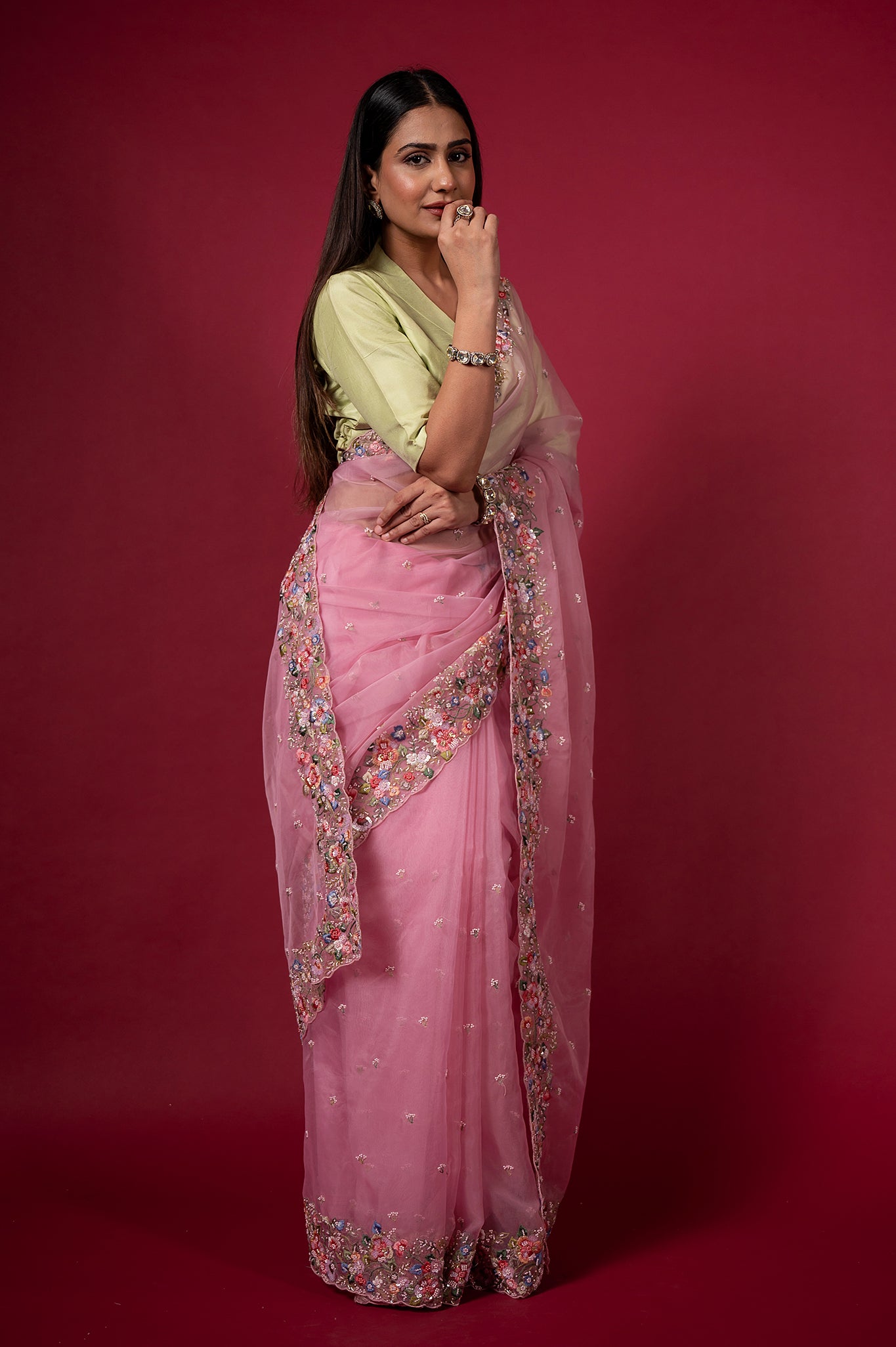 Pink Organza Resham Sequins Pearl Border Booti Handwork Saree