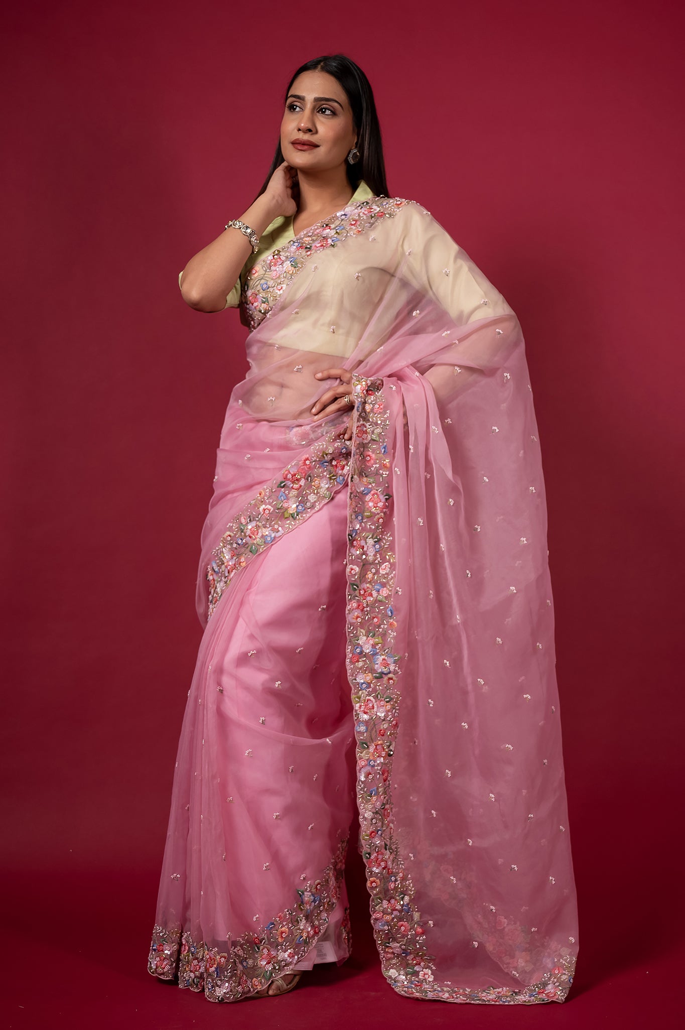Pink Organza Resham Sequins Pearl Border Booti Handwork Saree