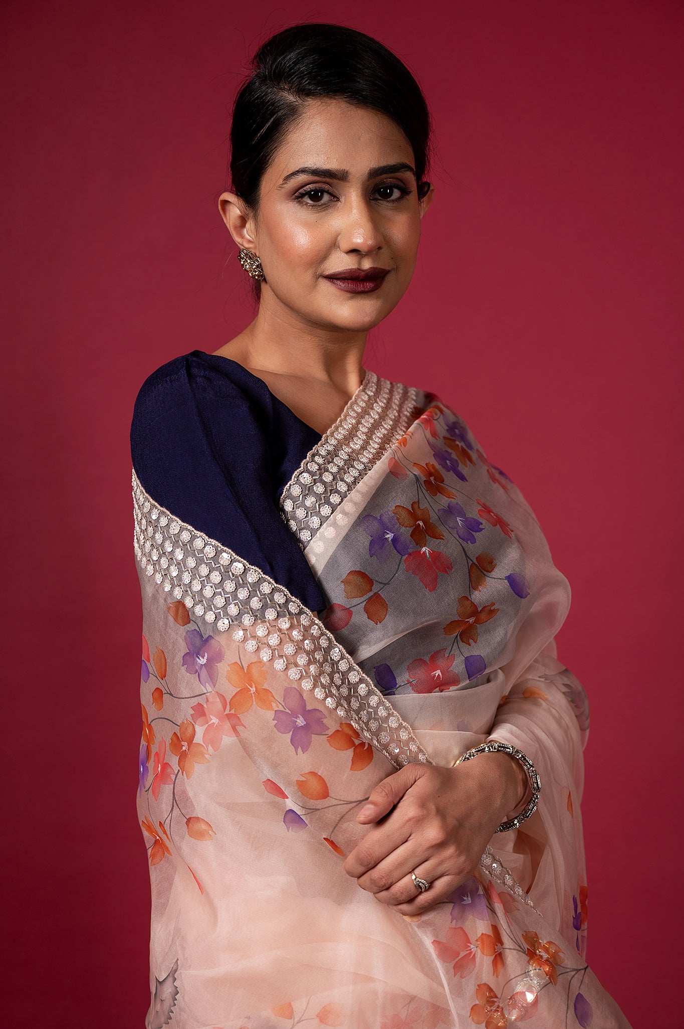 Peach Organza Printed Sequins Kardana Border Handwork Saree