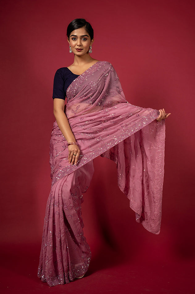 Purple Pink Organza Imported Sequins Border & Jaal Handwork Saree