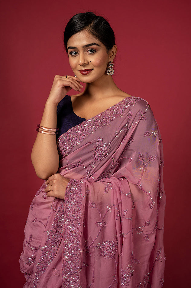 Purple Pink Organza Imported Sequins Border & Jaal Handwork Saree