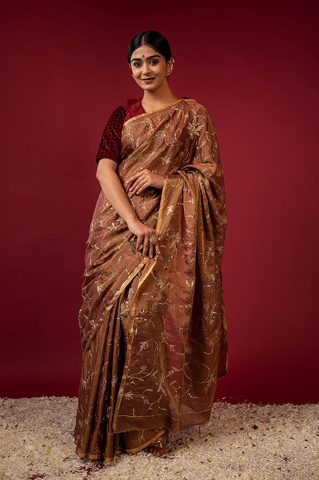 Chocolate brown pure tissue zardozi sequins jaal handwork saree