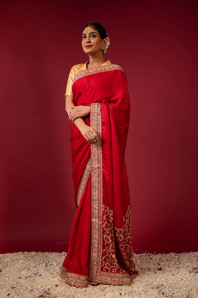 royal red pure silk Satin zardozi border pala jaal handwork saree
