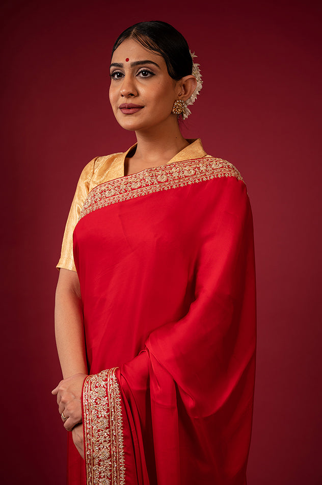 royal red pure silk Satin zardozi border pala jaal handwork saree