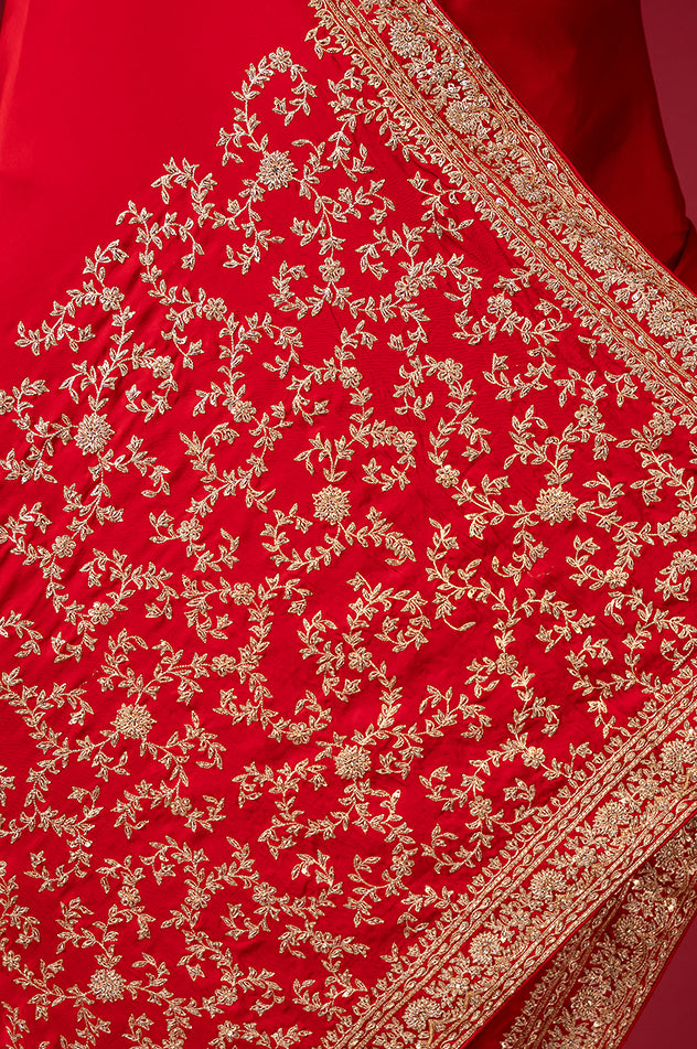 royal red pure silk Satin zardozi border pala jaal handwork saree