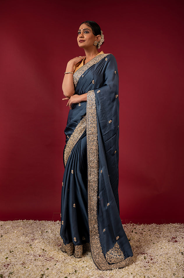 light navy blue pure silk Satin zardozi border butti handwork saree