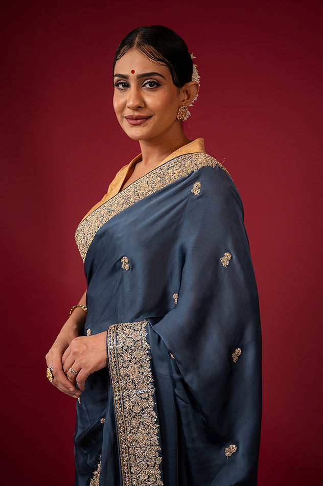 light navy blue pure silk Satin zardozi border butti handwork saree