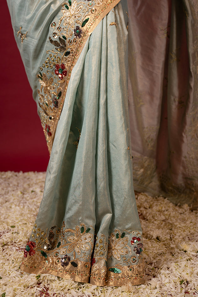 Greyish green pure tissue zardozi sequins border butti handwork saree