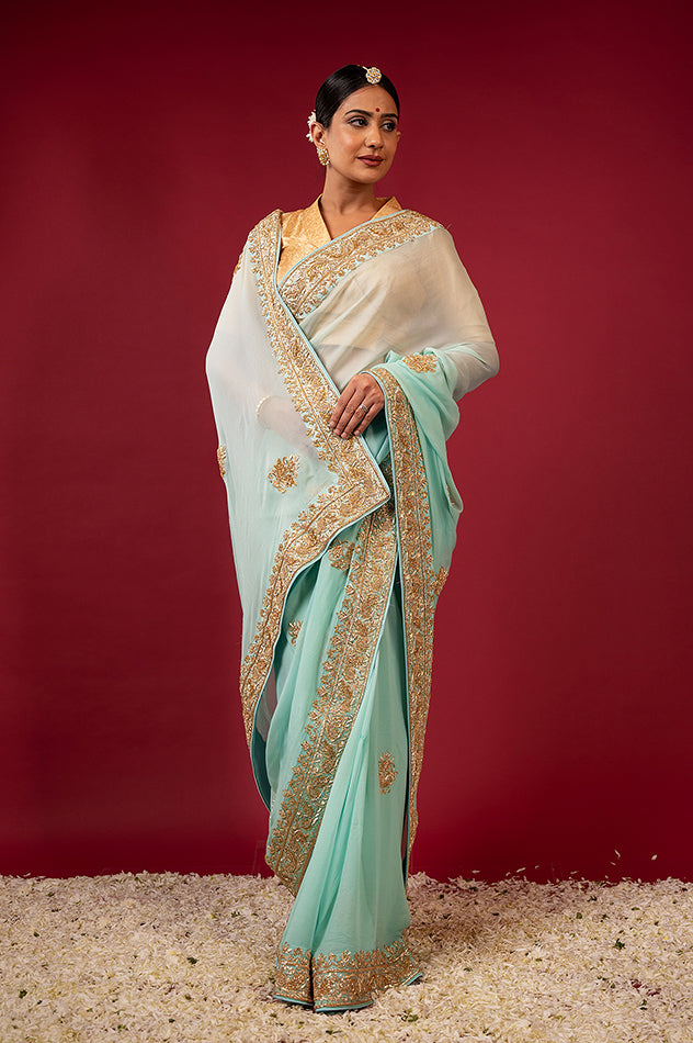 Sea Green pure chiffon zardozi border butti handwork saree