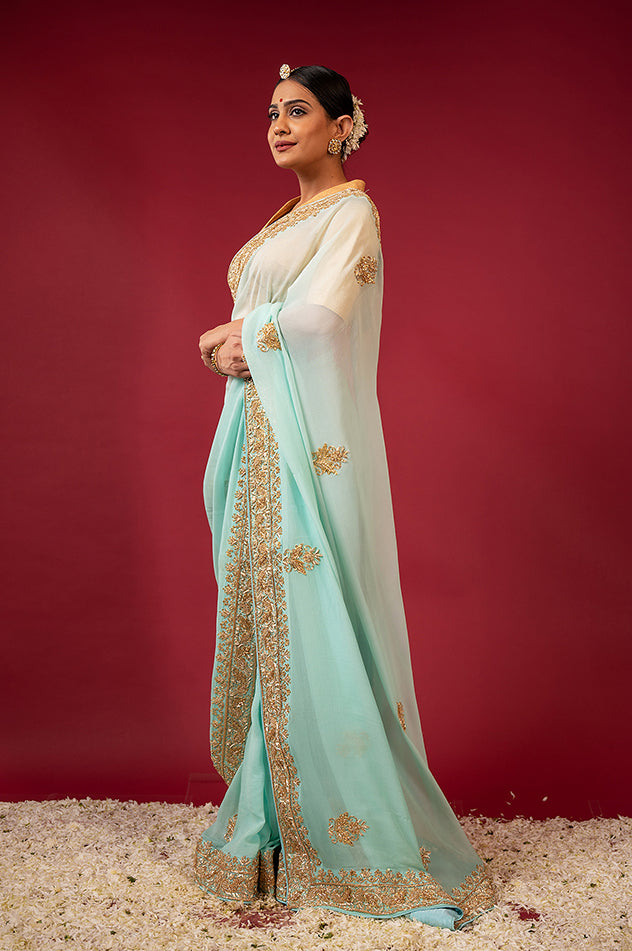 Sea Green pure chiffon zardozi border butti handwork saree