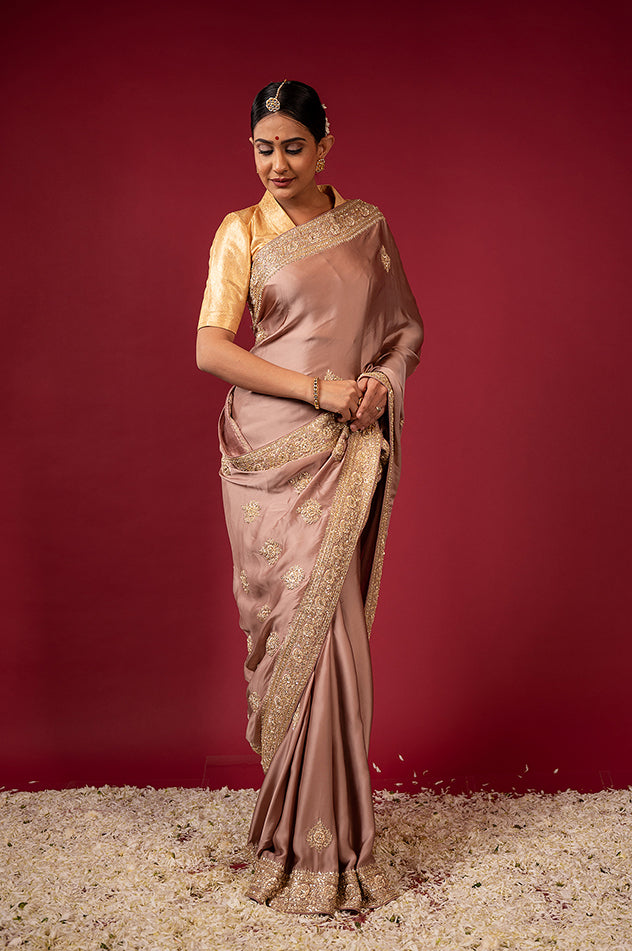 light golden brown pure silk Satin zardozi border butti handwork saree