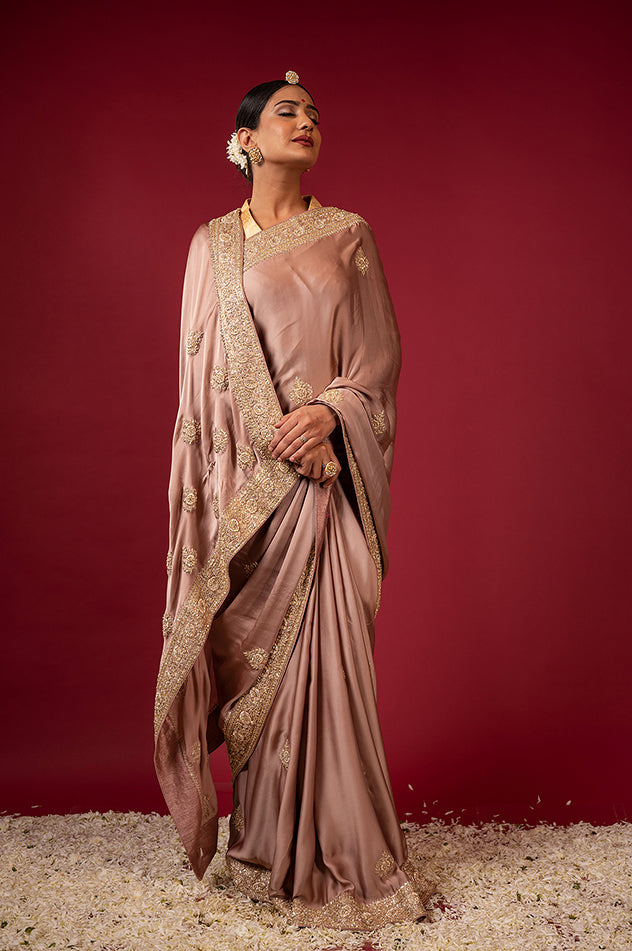 light golden brown pure silk Satin zardozi border butti handwork saree