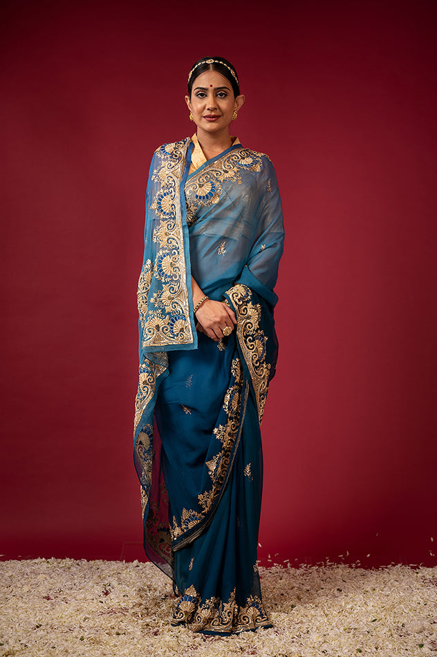 rama blue pure chiffon aari zardozi resham border butti handwork saree