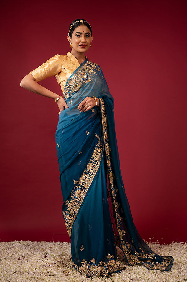 rama blue pure chiffon aari zardozi resham border butti handwork saree