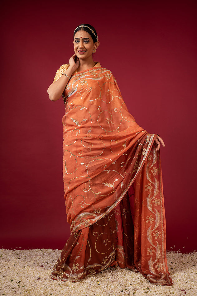 brown light dark pure chiffon aari sequins jaal handwork saree