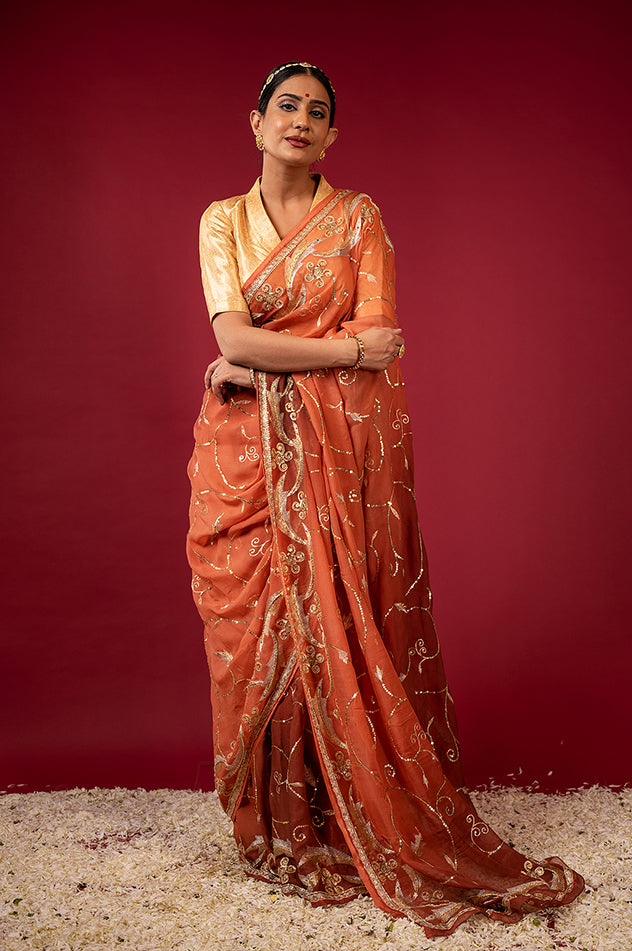 brown light dark pure chiffon aari sequins jaal handwork saree