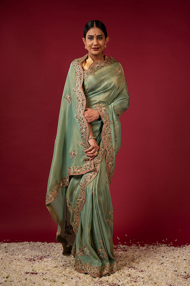gray teal Pure Tissue zardozi border butti handwork saree
