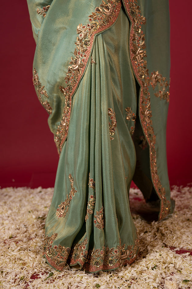 gray teal Pure Tissue zardozi border butti handwork saree