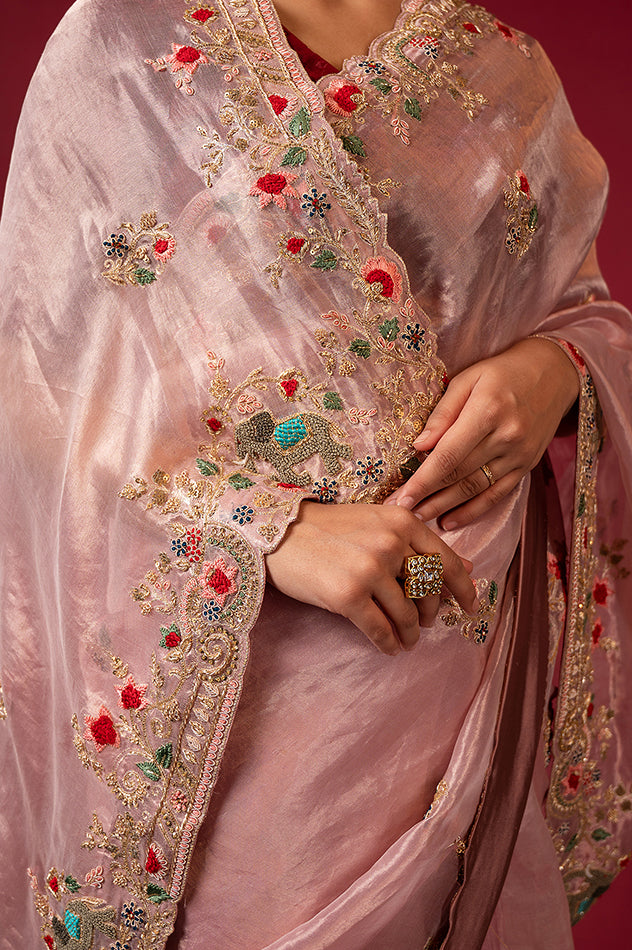 light pink Pure Tissue zardozi resham border butti handwork saree