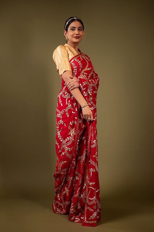 red pure chiffon aari cut work jaal handwork saree