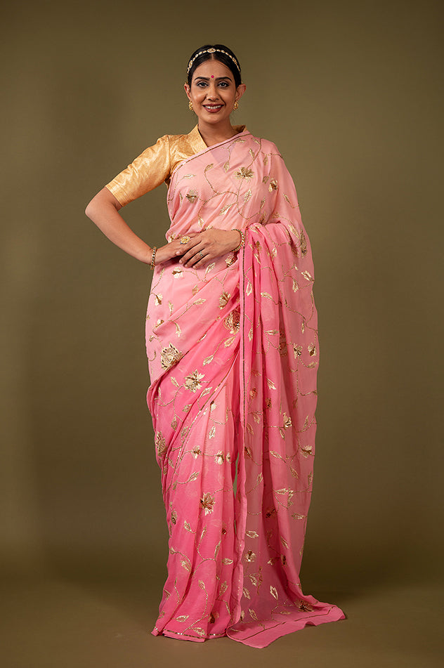 Pink light dark pure chiffon aari sequins jaal handwork saree