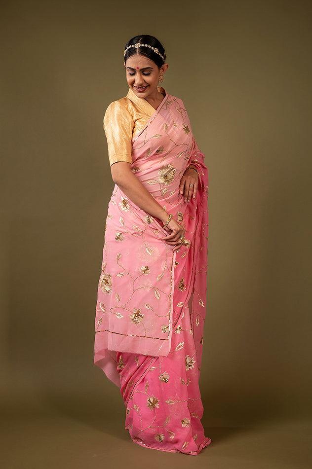 Pink light dark pure chiffon aari sequins jaal handwork saree