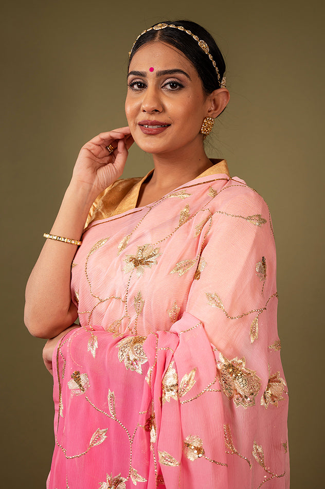 Pink light dark pure chiffon aari sequins jaal handwork saree