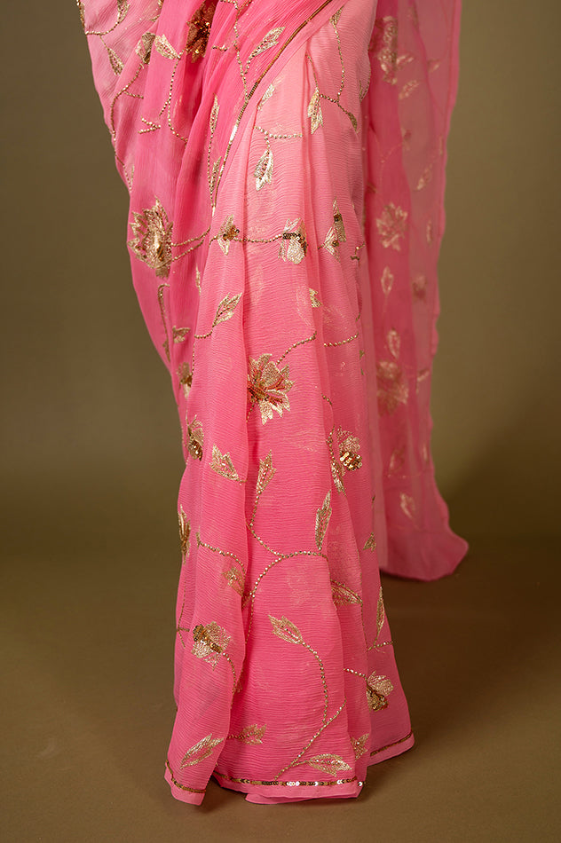 Pink light dark pure chiffon aari sequins jaal handwork saree