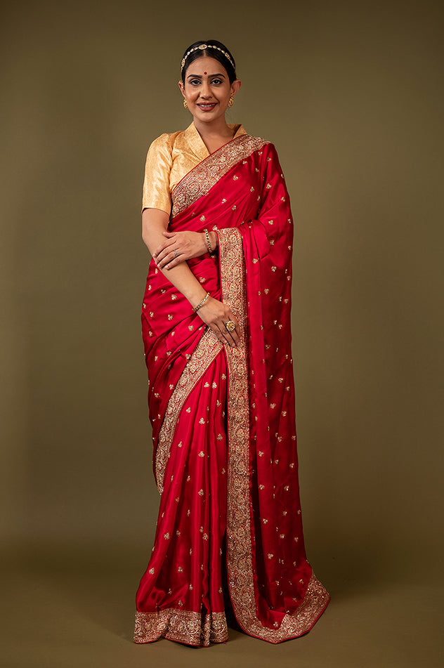 Red pure silk Satin zardozi border butti handwork saree