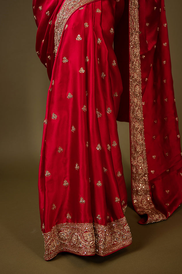 Red pure silk Satin zardozi border butti handwork saree