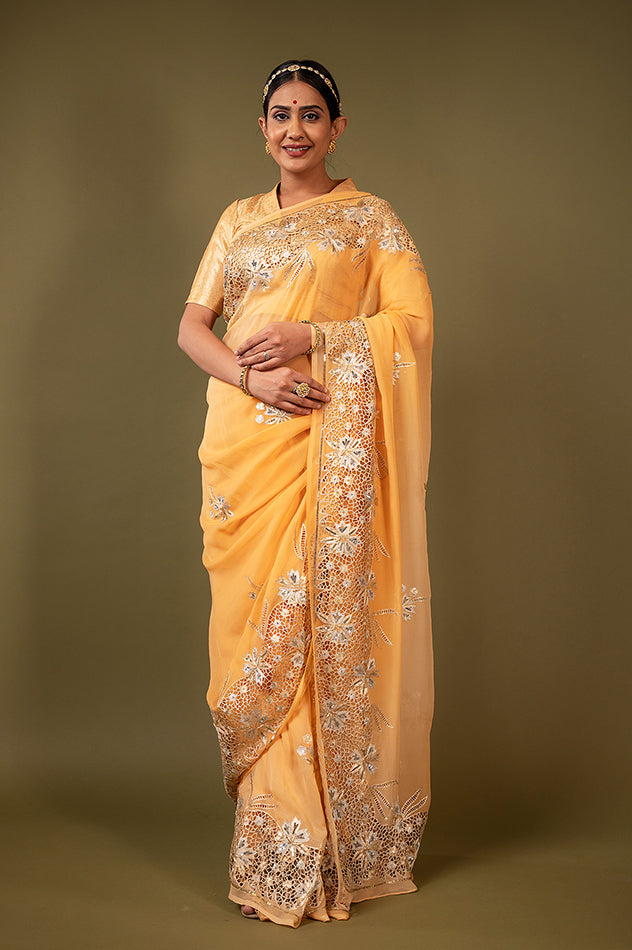 Peach pure chiffon cut work border butti handwork saree