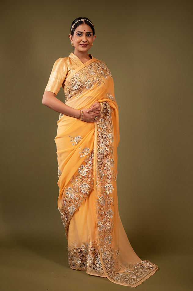Peach pure chiffon cut work border butti handwork saree