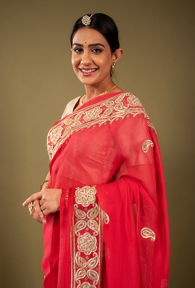 Red viscose chiffon sikhiya gota border butti handwork saree