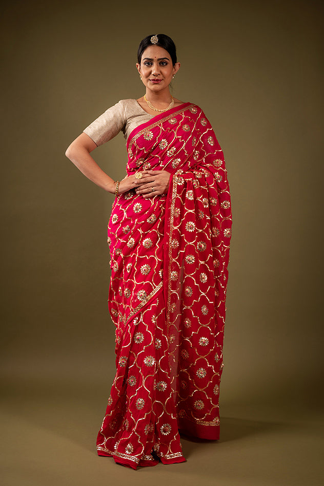 Red pure chiffon sikhiya gota patti jaal handwork saree